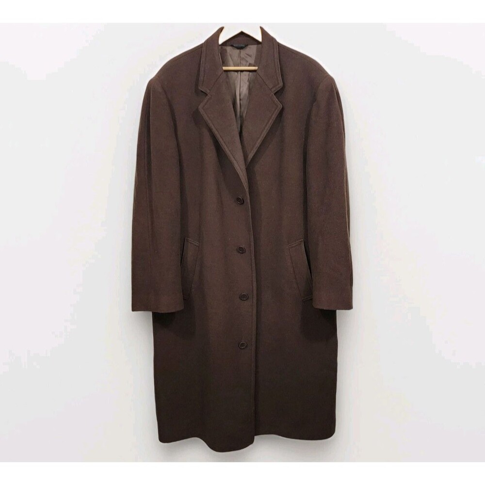 Sean John Long Overcoat Mens 46L Brown Cashmere Wool Single-Breasted 4-button
